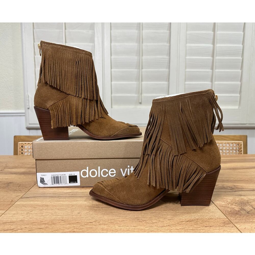 Dolce Vita Torey Boots Chestnut Suede Size 8 NIB Tiered Fringe Western Inspired - Picture 8 of 16